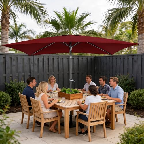 HASLE OUTFITTERS Rectangular Patio Umbrella, 6.5 x 10 ft Rectangle Table Umbrellas w/Heavy Duty Ribs, Effortless Crank and Push Button Tilt, Wind Resistant Sun Umbrella for Outdoor Patio, Wine Red - color: Wine Red