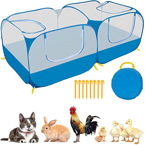 73" Large Small Animal Playpen with Detachable Bottom, Portable Chicken Coop Run and Chick Brooder, Pop Up Pet Enclosure Tent for Guinea Pigs, Bunnies, Puppies, Cats, Indoor/Outdoor Exercise Pen - color: Blue with Detachable Bottom
