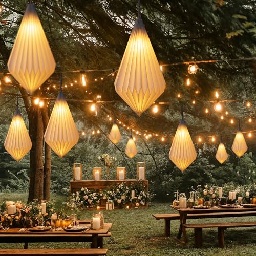 Battery Operated Outdoor Paper Lantern for Patio & Garden — Waterproof Hanging Decorative Light with Remote Timer, Foldable Paper Lantern with String for Backyard, Porch Decor - style: Geometric-1pc