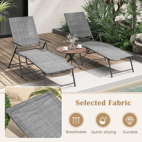 Giantex Lounge Chair Outdoor Set of 2 - Tanning Chair with 6 Adjustable Backrest, 2-Level Footrest, Folding Sunbathing Lounger for Patio, Poolside, Yard, Chaise Lounge Chair, Beach Chair (Grey) - color: Grey