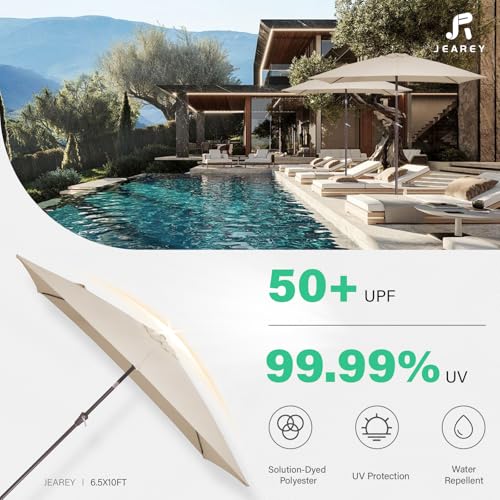 JEAREY 6.5x10 ft Rectangular Patio Umbrellas Rectangle Outdoor Umbrella with Push Button Tilt and Crank, Market Table Umbrella 6 Sturdy Ribs UV Protection for Poolside Garden Backyard Deck, Beige - color: Beige, size: 6.5x10ft