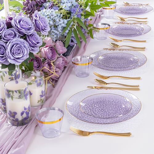 DaYammi 350 Pcs Clear Purple Gold Plastic Plates, Hammered Disposable Dinnerware, Clear Purple Plates Set Include 100 Plastic Platos, 150 Gold Disposable Silverware, 50 Cups And 50 Napkins for Party - color: Clear Purple, size: 350 Pcs