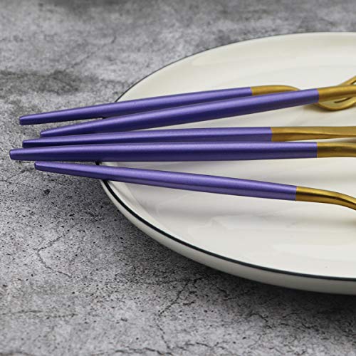 5-Piece Matte Gold Silverware Set, 18/10 Stainless Steel Satin Finish Flatware, Kitchen Utensil Set, Dishwasher Safe - color: Purple Handle Gold, size: Service for 1