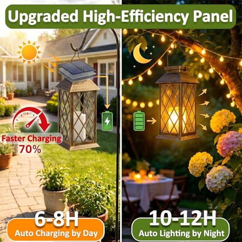 Solar Lanterns Outdoor Waterproof, Flickering Candles Hanging Solar Lights for Outside Garden Patio Wall Porch Decorative, Lamp with Upgraded Solar Panel, Tempered Glass & Clip, Bronze 2 Pack - style: Bronze*2, 4.2*4.2*8.7in
