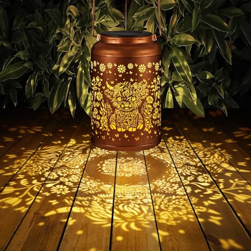 Solar Lanterns Outdoor Waterproof Garden Decor Birthday Gifts for Women Mom Grandma Hanging Solar Lights Metal Decoration Outside for Yard, Patio (Highland Cattle) - style: Highland Cattle