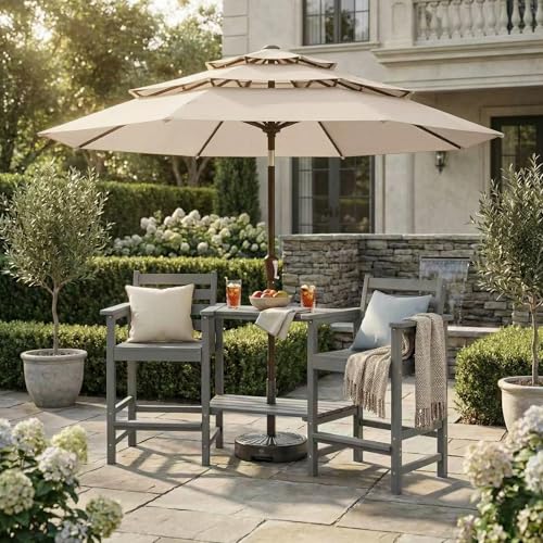 Kingdura 10ft 3-Tier Patio Umbrella, Outdoor Table Umbrella with Easy Crank & Tilt, 8 Reinforced Ribs, UV Protection for Deck, Pool, Market, Backyard (Beige) - color: Beige, size: 10 FT