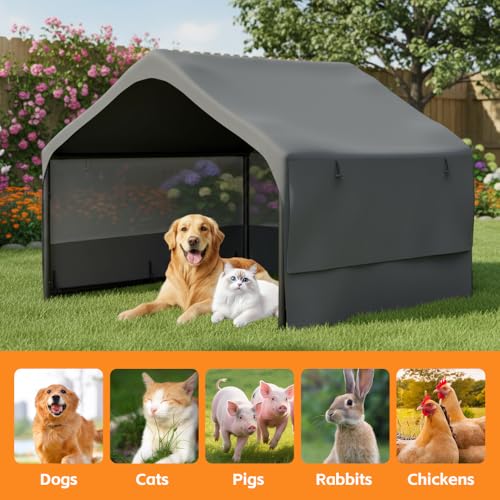 Portable Outdoor Dog Shade Shelter – Lightweight Water-Resistant Pet Tent for Backyard, Patio, Garden & Travel Use (Gray + Metal-1) - color: Gray + Metal-1