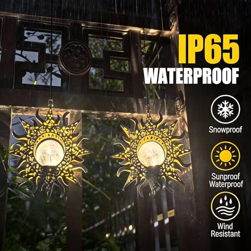 Hanging Solar Sun Lights Outdoor Waterproof Decor, 2 Pack Metal Daystar Shell & Glass LED Globe Lanterns for Garden, Backyard, Balcony, Patio, Tree, Wall, Mother's Day Gifts for Women Mom