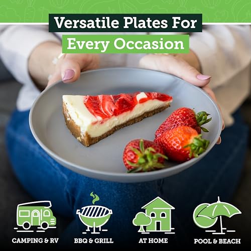 Grow Forward Premium Wheat Straw Plates - 8 Inch Reusable Hard Plastic Dinner Plates Set of 8 - Unbreakable Microwave Safe Plates for Dessert, Camping, RV, Outdoors, Patio, Kitchen Dishes - Feather - color: Feather Grey, size: 8 inch