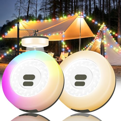 2Pack Camping String Lights, 4 in 1 Quick Storage Camping Essentials Gear 32.8FT Rechargeable Tent Lights with 9 Modes Hanging Waterproof LED Camp Lamp for Camping Hiking Patio Festival (Warm +RGB) - color: Warm & RGB, size: 2PACK