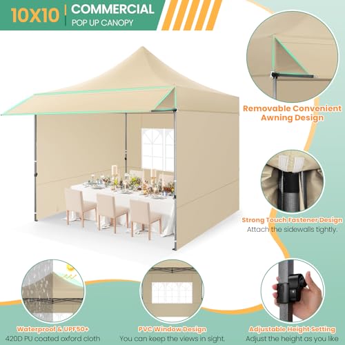 COBIZI 10x20 Pop up Heavy Duty Canopy Tent, Commercial Instant Canopies with Sturdy Awning, Outdoor Canopies for Market, Event, Khaki - color: Khaki, size: 10x10FT with 3 Sidewalls & 1 Awning Cloth