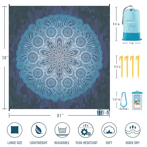 Famstar Beach Blanket Sandproof Waterproof 78''×81'' 1-5 Adults Oversized,Compact Lightweight Durable Beach Mat for Travel Camping Hiking Picnic Blanket - color: Round Flower, size: 78''×81''