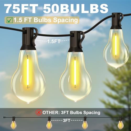 75FT Outdoor String Lights Waterproof with 50+4 Bulbs (1.5FT Bulbs Spacing), Remote & Dimmer, Commercial Patio String Lights with 3 Mode Light & Timing, 100PC Mounting Ties for Outside - size: 75FT With Remote
