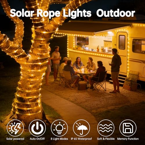 Solar Rope Lights for Outside, 2 Packs Total 132ft 400 LED Solar String Lights with 8 Modes, Waterproof Solar Outdoor Light for Patio Garden Party Tree Porch Holiday Xmas Decor - Warm White - color: Warm White, size: 2x66ft