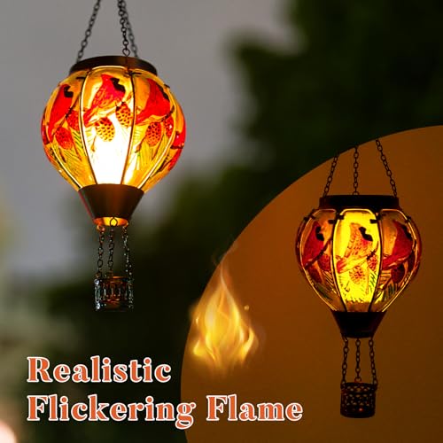 Cardinal Solar Hot Air Balloon Lantern with Flame, Glass Balloon Solar Lantern Outdoor Waterproof, Hanging Hot Air Balloon Solar Light, Cardinal Gifts for Mom Woman Christmas - color: Red