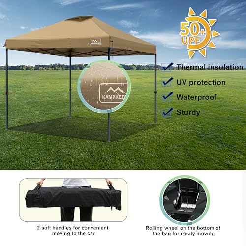 KAMPKEEPER One Person Setup 10x10 Pop up Canopy Tent, Instant Portable Canopy, One Push Outdoor Canopy with 3 Adjustable Heights, Wheeled Carry Bag, Bonus 8 Stakes(Khaki, 10x10FT with one Push) - color: Khaki, size: 10x10FT with one push