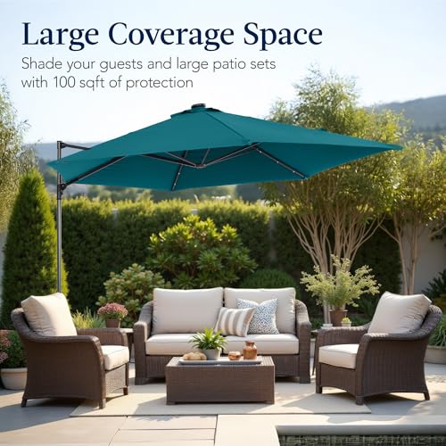 Best Choice Products 10ft Solar LED Offset Cantilever Hanging Market Patio Umbrella, Smooth 360° Rotation, 8 Sturdy Ribs, Easy Adjustment - Cerulean - color: Cerulean, size: Offset w/ 360° Rotation