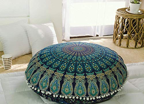 Popular Handicrafts Kp834 Large Hippie Mandala Floor Pillow Cover - Cushion Cover - Pouf Cover Round Bohemian Yoga Decor Floor Cushion Case- 32" Blue Tarqouish - color: Blue Tarquoish, size: 32" x 32" (Pack of 1)