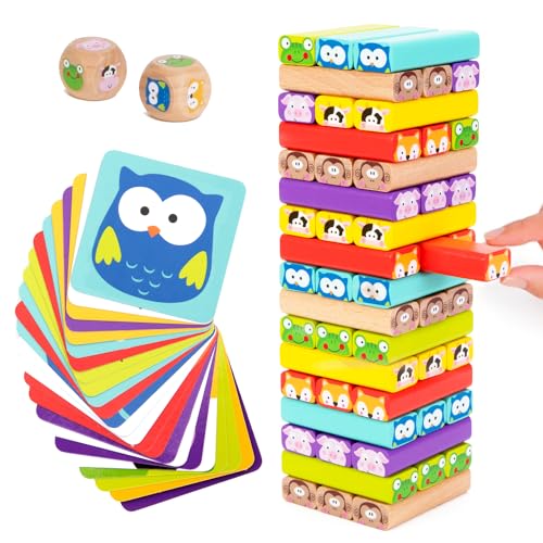 Nene Toys Wooden Tumble Tower Game with Animals & Colors, 4-in-1 Educational Family Board Game for Kids Ages 3-9, Creativity & Cognitive Skills Booster - Gift for Boys Girls 3+ Years - style: Animals