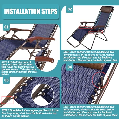 Queekay 2 Pcs Gravity Chair Replacement Fabric with 8 Bungee Cord Lounge Chair Cloth Mesh Patio Chair Repair Kit for Patio Recliner Outdoor Lawn Pool Beach Sling Chair (Blue,63" X 21") - color: Blue, size: 63" x 21"