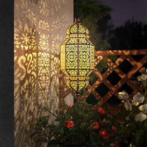 Twinkya 18 Inch High Large Hanging Solar Lights Outdoor Garden Decorative Solar Lantern Waterproof Plastic Moroccan Outdoor Decorations for Patio Pathway Yard Porch Backyard Garden Decor (1 Pack) - color: Copper, size: 1pack
