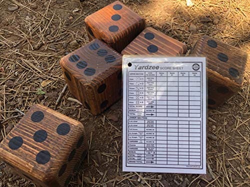 Yard Dice Giant Wooden Yard Game, 6 Solid 3.5" Wood Dice, Storage Bag, optional 5PK 5"x7" Yardzee and Yarkle Dry Erase Score cards, Great for Weddings, family reunions, Backyard BBQs and more