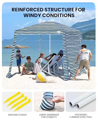Qipi Beach Cabanas for Sand, Beach Canopy with Sandbags & Side Wall for Family, Easy Set Up Sun Shelter, UPF 50+ UV Protection with Roof Vent - color: 8' x 8' Sailor Stripes Dual-Fold