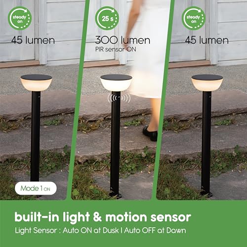 Basin Series - 24.5" Solar Pathway Lights - Walkway Lights for Outside - PIR Sensor & Three Lighting Modes - Rechargeable Battery Lasts Up to 35 Hours - 2700K - Dark Sky Friendly - 4 Pack - size: 4 Pack Pathway Lights