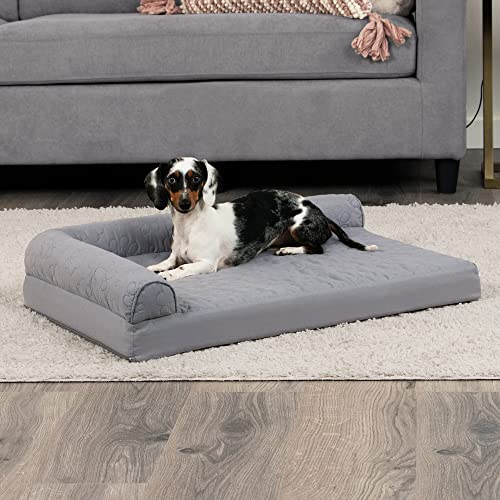 Furhaven Cooling Gel Dog Bed for Medium/Small Dogs w/ Removable Bolsters & Washable Cover, For Dogs Up to 35 lbs - Pinsonic Quilted Paw L Shaped Chaise - Titanium, Medium - color: (Quilted Paw) Titanium, size: Medium