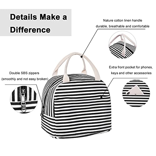 EurCross Canvas Lunch Tote Bag for Women for Work with Black and White Stripes, Reusable Insulated Meal Prep Preppy Lunch Box Bag for Daily Use, Cute Lunch Cooler Bento Boxes Bags - color: Black Stripes