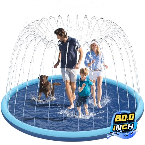 Non-Slip Splash Pad for Kids and Dog, 80" Extra Large Baby Play Mat, Dog Pool Toys, Thicken Sprinkler Pool Summer Outdoor Water Toys for Ages 3-12 Boys Girls, Parent-Kids &Games Fun Backyard (Blue) - size: 80in