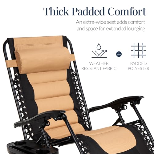Best Choice Products Oversized Padded Zero Gravity Chair, Folding Outdoor Patio Recliner, XL Anti Gravity Lounger for Backyard w/Headrest, Cup Holder, Side Tray, Polyester Mesh - Tan - color: Black/Tan