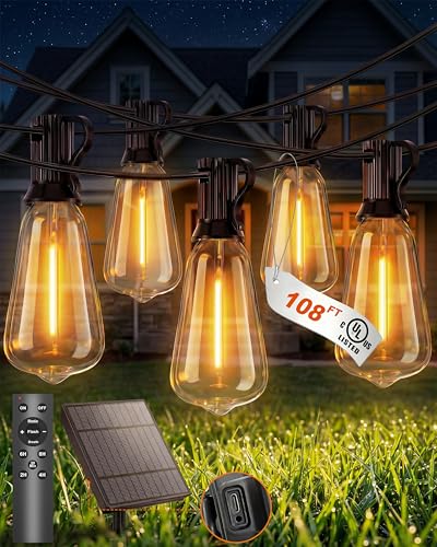 108FT Solar String Lights Outdoor Waterproof, Dimmable Solar Powered Outdoor Lights with Remote & 48+2 LED Shatterproof Bulbs, ST38 LED String Solar Light for Patio, Camping, Backyard, Garden - size: 108FT (48Bulbs)