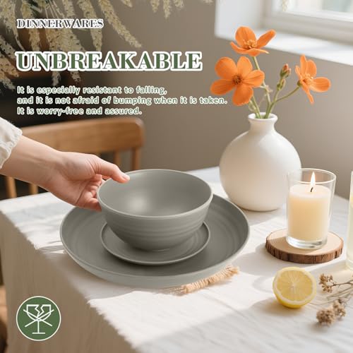 Wrova 32-piece Kitchen Alternative Melamine Wheat Straw Dinnerware Sets,Unbreakbale Dishwasher Safe Kitchen Bowls and Plates Sets with Cups,Apartment Essential Dishes Set for 8.Grey Series - color: Gray, size: 32 Pack
