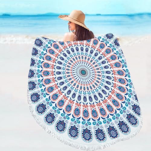 Violet Mist Purple Mandala Round Beach Blanket 60" Hippie Boho Microfibre Beach Towel Throw with Fringe Large Sand Free Circle Beach Blanket with Tassels for Women Travel Swimming Pool Picnic Towel - color: Mandala