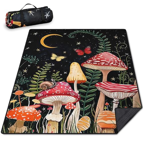 Mushroom Picnic Blankets Waterproof Foldable Picnic Outdoor Blanket 80"x 60" Picnic Mat 3-Layer Thicking Outdoor Foldable Blankets Sandproof Lightweight Beach Blankets with Strap Machine Washable - color: Mushroom, size: 60*80in