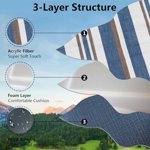 79”x79” Picnic Blanket Extra Large, Waterproof and Foldable Beach Blanket, 3-Layer Outdoor Blanket for 6 to 8 Adults, for Camping, Park, Beach, Grass, Indoors - color: Mocha and Blue Stripe