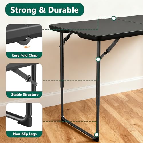 Folding Table 4FT Heavy Duty Plastic Table with Handle, Foldable&Portable, Fold-in-Half Utility Tables for Outdoor, Dining, Wedding, Events, Indoor, Picnic, Camping, Party, Black - color: Black, size: 4FT