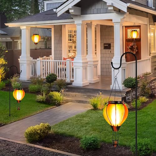 Hanging Solar Hot Air Balloon Lantern with Flame, Glass Hot Air Balloon Solar Lantern Outdoor Waterproof, Solar Powered Hot Air Balloon Lantern Decorative for Outside Garden Yard (Orange) - color: Orange