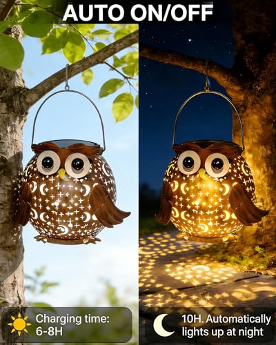 Solar Lights Outdoor Owl Garden Decor, Solar Lanterns Outdoor Waterproof Metal Hanging Lantern Solar Garden Lights for Outside Patio Yard, Lawn, Porch, Backyard Decoration - style: Owl