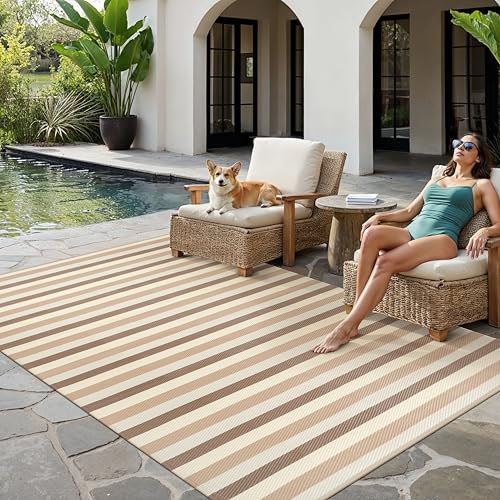 PureCozy Outdoor Waterproof Patio Rug 6x9 Plastic Straw Reversible Outside Beige Striped Carpet Lightweight Large Rug for Camping RV Porch Deck Balcony Beach - color: Stripe | Beige Brown, size: 6' x 9' (Rectangular)