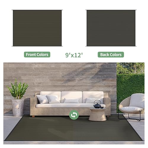 GENIMO Outdoor Rug 9x12 ft Waterproof, Reversible Plastic Straw Patio Rug for RV Camping Mat, Deck, Backyard Balcony Mat - Lightweight & Easy to Clean, Black & Brown - color: Blackbrown-w, size: 9' x 12' (Rectangular)