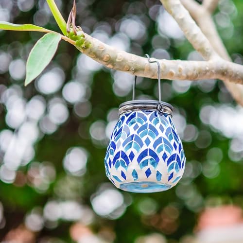 Afirst Mosaic Solar Lanterns - Glass Hanging Lights Hollow Out Waterproof Outdoor Decorative for Garden, Patio, Holiday Party Outdoor Decoration, 1 Pack - style: Blue