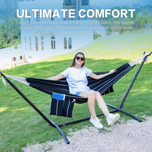 PNAEUT Double Hammocks with Stand for Outside, Portable Space Saving Heavy-Duty Steel Stand for Indoor Outdoor Patio with Carrying Bag, 450 lbs Capacity (Chasm) - color: Chasm