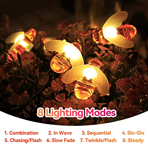 ITICdecor Solar Bee String Lights Outdoor Waterproof 50 LEDs 8 Modes Honeybee Fairy Lights for Patio Garden Fence Yard Wedding Christmas Tree Decor - color: Warm White, size: 50 Led