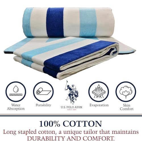 U.S. Polo Assn. Oversized (40” x 70”) Striped Nautical Design Beach Towel - Luxury Plush Cotton Hotel Quality for Bath, Pool - Cabana Stripe Aqblue/Navy - color: Cabana Stripe Aqblue/Navy, size: 40" x 70"