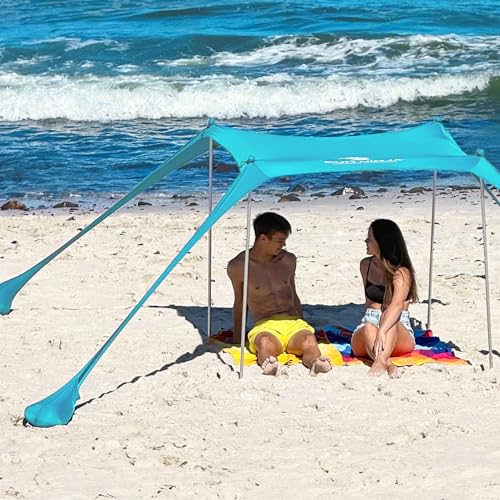 SUN NINJA Beach Tent Sun Shelter UPF50+ - Easy Pop Up Beach Canopy - Outdoor Shade for Camping Trips, Fishing, Backyard Fun Picnics - Sand Shovel, Ground Pegs & Stability Poles - color: Turquoise, size: 5x5 Ft 4 Pole