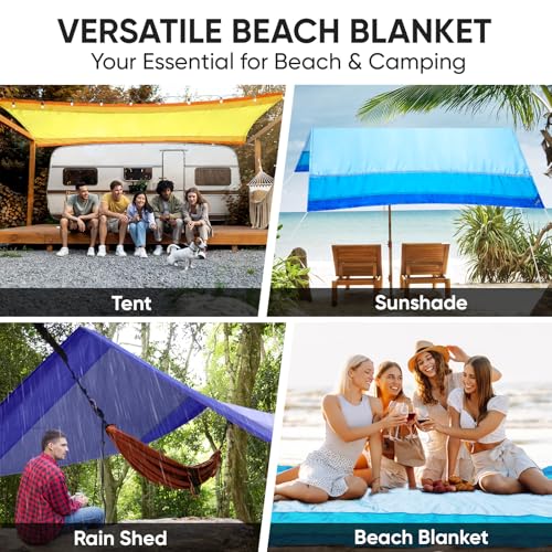 PTEROMY Beach Blanket Waterproof Sandproof, 84" X 84"Extra Large Beach Mat with Storage Bag, Quick Drying Lightweight, 6 Stakes, Accessories for Picnic, Travel (7x7 FT, Yellow)