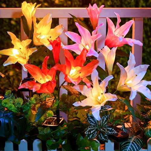 Brightown Solar Lights Outdoor, 4 Pack Solar Garden Lights with Larger & More Realistic Lily Flowers, Waterproof Outdoor Solar Lights for Yard Patio Lawn Pot Decoration - color: Lily