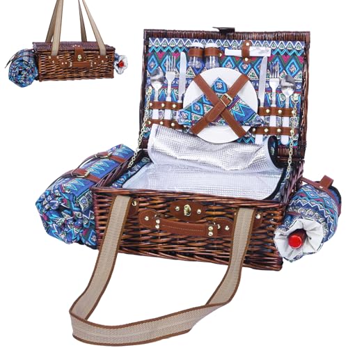Neti Neti Wicker Picnic Basket for 2 Boho with Insulated Cooler & Waterproof Blanket – Large Willow Picnic Hamper for Outdoor, Camping, Beach, Romantic Dates, Valentine’s Day - color: Boho 2